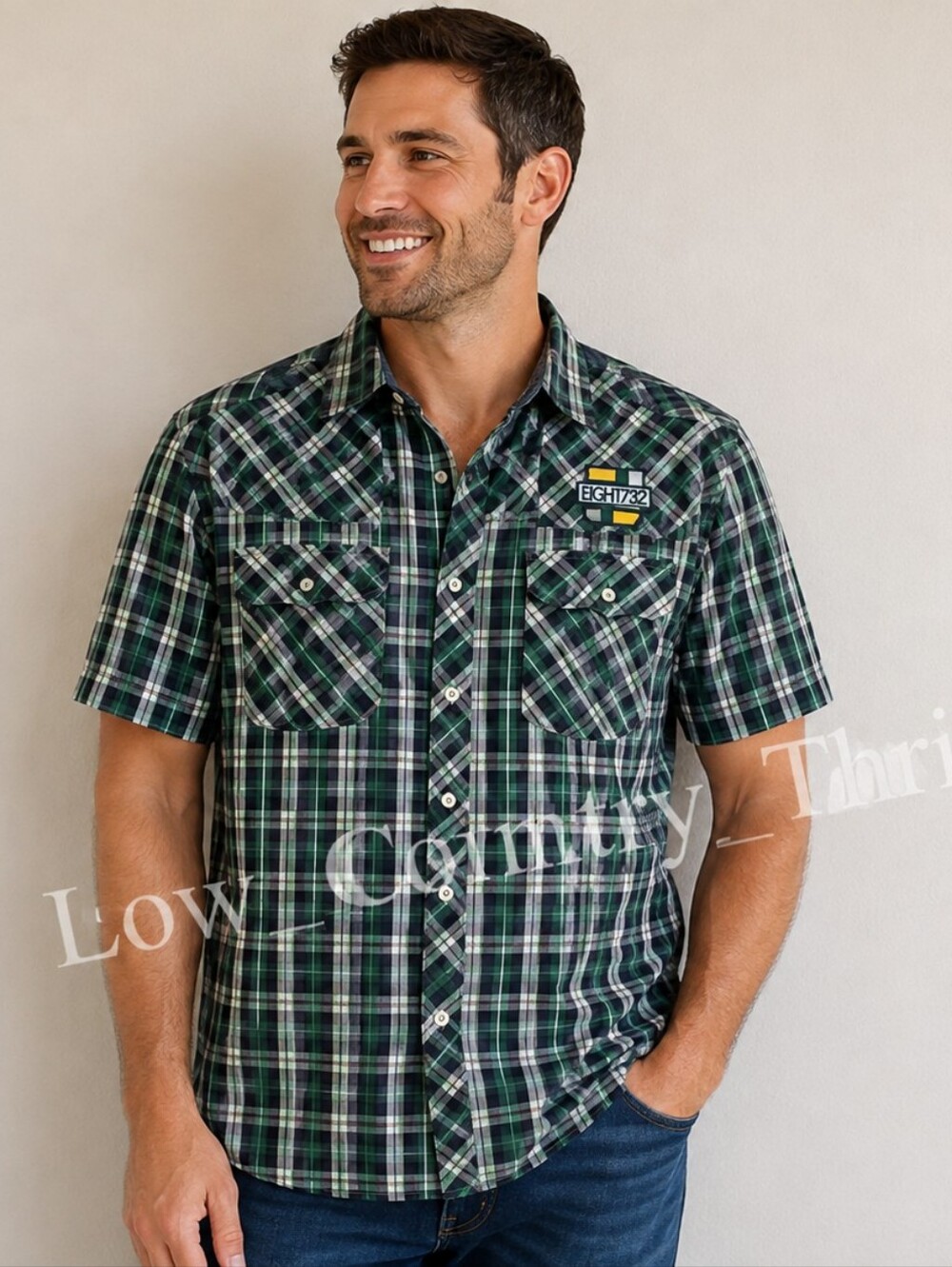 Eight 732 Men's XL Green Plaid Short Sleeve Button Up Shirt